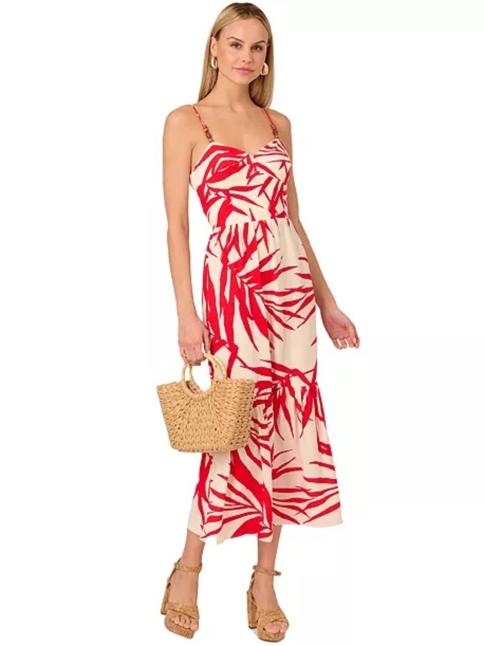 Adrianna Papell Red & Cream Tropical Print Midi Sundress